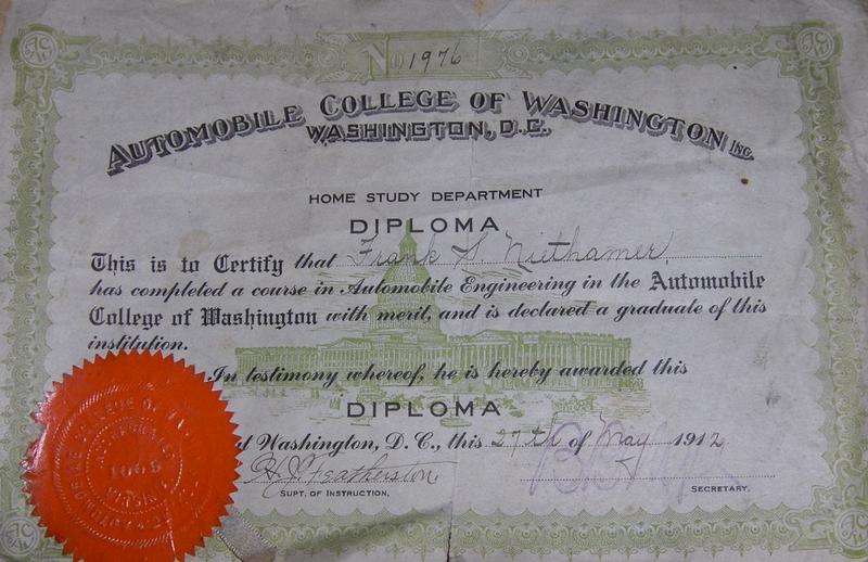 Diploma from the Automobile College of Washington dated May 27, 1912
